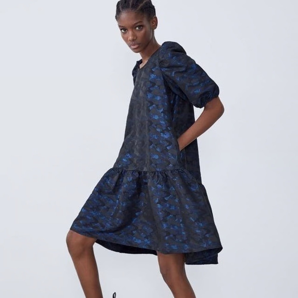 ZARA Black Blue Camo Jacquard Puff Sleeve Tiered Ruffle Dress Women‎ Size 6